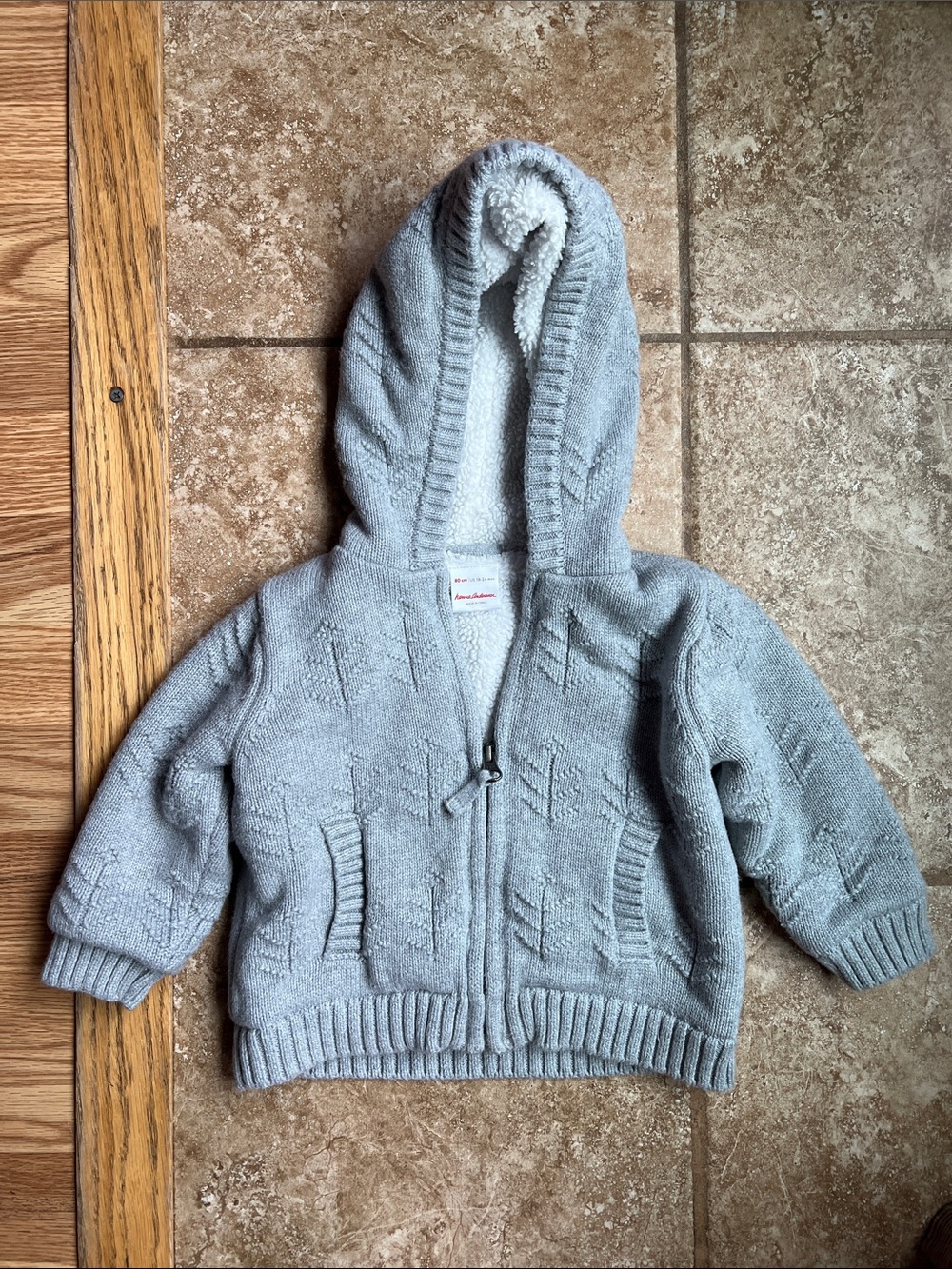 Hanna Andersson Light Gray Hooded Sherpa-Lined Knit Jacket